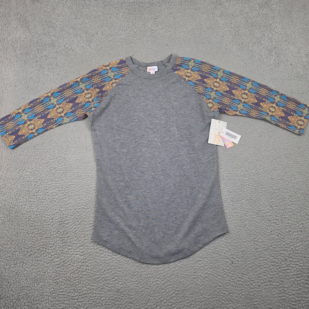 LuLaRoe Randy Tee Womens XS Gray Geometric Raglan Sleeve Baseball Shirt NWT